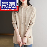 罗蒙（ROMON）高档连帽衫卫衣羊毛衫毛衣女秋冬中长款针织打底衫大码女毛衣裙 米驼 S 80--95斤