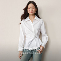 尚都比拉【收腰显瘦】通勤设计感翻领不对称收褶环扣设计后腰松紧长袖衬衫 白色