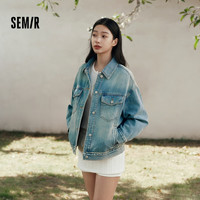 森马 森柔牛仔外套女 翻领做旧宽松落肩美式街头甜酷夹克 牛仔黄泥染80325 XS