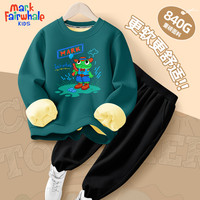 MARK FAIRWHALE2025冬季男女童加绒保暖羊胎绒·卫衣休闲舒适宽松卫裤套装 M青蛙人苍绿+纯色黑色 110