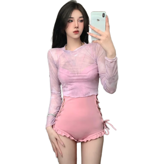 OMOM 泳衣女连体性感公主学生遮肚显瘦保守泡温泉长袖泳装 粉色 M