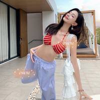 OMOM 2025夏季新款复古条纹比基尼三件套性感分体沙滩度假温泉泳衣