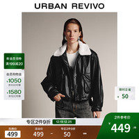 UR UR2025冬季女装气质拼接撞色毛领抽绳PU棉服UWM150071 黑色 (偏宽松) L