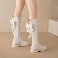 范哲萨 女童白色平底蝴蝶结公主鞋子2025秋冬季新款加绒冬靴儿童长