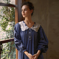 CA BRIDA新品LOGO提花棉布法式蕾丝镶嵌复古长袖睡裙N805