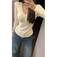 线下专柜品质～桑蚕丝&绵羊毛蕾丝花边保暖长袖打底上衣（胸垫1.5）