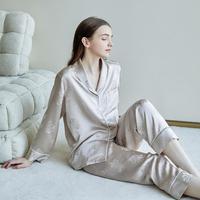 维密楚女士新款真丝睡衣套装长袖裤青果领提花中国风高级感桑蚕