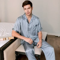 优桓 夏季新款真丝睡衣男两件套装100%桑蚕丝睡衣提花短袖真丝家居服