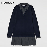 moussy 2025秋季学院风撞色假两件百褶连衣裙010IA373-6971 110蓝色 M