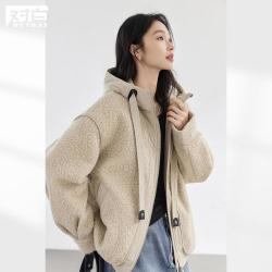 DUIBAI 2025冬装仿羊羔毛假两件连帽女式毛呢外套夹棉保暖短款上衣