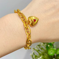 福韵礼黄金猪鼻子手链2022年女时尚六芒星大爱心挂坠999足金加长链 猪鼻子黄金手链约11克