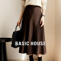 百家好 羊毛毛呢高腰复古中长款A字裙