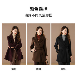 千柏年【羊毛&山羊绒】翻领系腰大衣女秋冬双面呢正肩中长外套咖XL 咖啡 XL （125-135斤）
