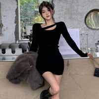 里农针织包臀裙辣妹连衣裙长袖春秋御姐紧身黑色打底短裙修身性感内搭 黑色【优质面料】