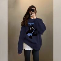 藏蓝色圆领卫衣女秋冬加绒加厚oversize慵懒风可爱猫猫印花外套潮