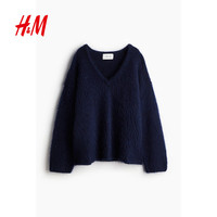 H&M女装毛针织衫秋季大廓形马海毛羊毛混纺套衫1248344 海军蓝