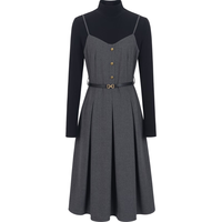 衣香丽影假两件针织连衣裙女新款半高领拼接格纹西装裙 灰底几何