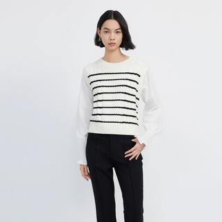 LILY 含绵羊毛复古条纹设计感假两件衬衫毛衣上衣女