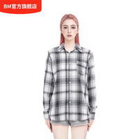 BM格子长袖衬衫女夏天格纹美式复古百搭宽松外套休闲开衫衬衣春秋季 黑白格纹衬衫 均码