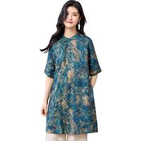 金菊 【非遗香云纱】立领新中式印花气质桑蚕丝短袖女式连衣裙