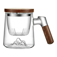 泥也泡茶杯玻璃水杯耐热高硼硅喝茶杯透明木把防烫手家用绿茶杯 山涧杯-透明420ml