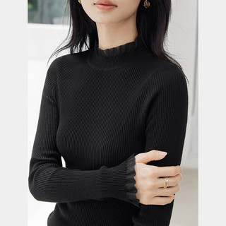 对白绵羊毛桑蚕丝混纺木耳边半高领针织衫女2025冬新款修身打底衫