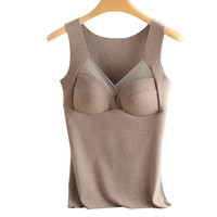 雅鹿保暖背心德绒女士内搭秋冬季加绒无痕一体式带胸垫无袖女上衣打底 棕灰色 XL (80-110斤)