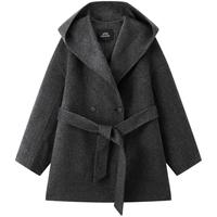 太平鸟女装毛呢大衣甄绒系列斗篷连帽弯刀袖双面呢外套