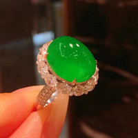 玉美和冰种正阳绿蛋面翡翠戒指18k金镶嵌缅甸天然A货绿满绿戒面 满绿 活口