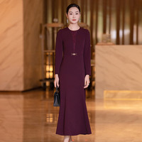 首尚格释酒红色喜婆婆婚宴装连衣裙女秋季新款时尚气质蕾丝拼接修身鱼尾裙 酒红色