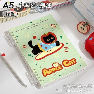 四季年华 苹果猫A5活页本横线笔记本子活页笔记本A5/绿色小猫/1本/120页