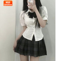 婍妡日系jk制服收腰衬衫上衣女短袖学院风泡泡袖白色衬衣jk套装 收腰衬衫+领结 XS