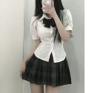 婍妡日系jk制服收腰衬衫上衣女短袖学院风泡泡袖白色衬衣jk套装 藏青百褶单件 L
