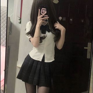 婍妡日系jk制服收腰衬衫上衣女短袖学院风泡泡袖白色衬衣jk套装 藏青百褶单件 L
