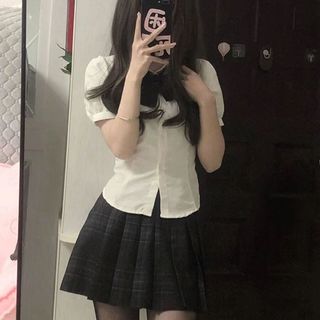 婍妡日系jk制服收腰衬衫上衣女短袖学院风泡泡袖白色衬衣jk套装 藏青百褶单件 L