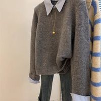 零柒零捌灰色polo领假两件浣熊绒女秋冬季加厚打底翻领针织衫上衣