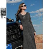 三彩 显瘦针织连衣裙V领修身喇叭袖长裙系带A字裙M