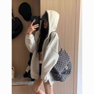灰色拉链开衫连帽卫衣女2025春秋宽松慵懒风oversize上衣外套