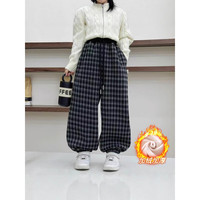 G.duck小黄鸭儿童冬装男女童拼腰格子保暖休闲韩版束口长裤百搭宽松版型 拼腰格子加绒裤-黑色 140 cm