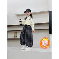 G.duck小黄鸭儿童冬装男女童拼腰格子保暖休闲韩版束口长裤百搭宽松版型 拼腰格子加绒裤-黑色