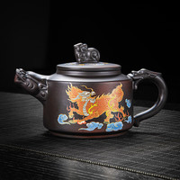 祥业汝窑茶壶陶瓷功夫茶具井栏壶汝瓷套装大号过滤家用茶具开片可养 紫陶变色茶壶(麒麟献瑞) 