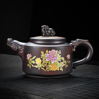 祥业汝窑茶壶陶瓷功夫茶具井栏壶汝瓷套装大号过滤家用茶具开片可养 紫陶变色茶壶(花开富贵)