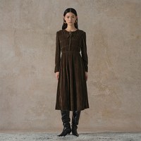 阿依莲 商场同款复古洋气圆领连衣裙新款时尚百搭显瘦长袖A字裙子