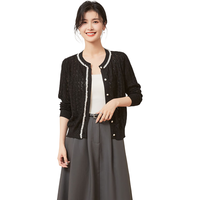 金菊羊毛混纺春季新款小香风镂空减龄针织衫女毛衣外套 黑色