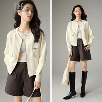 晚白2025秋款棉上衣纯色百搭气质褶皱显瘦夹克拉链外套女 米杏色 M