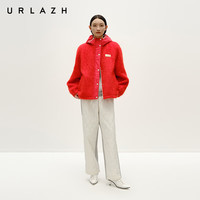 URLAZH冬季新款热烈红短款马海毛连帽大衣女 大红