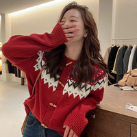 浮夏费尔岛毛衣外套女圣诞新年红色2025秋冬季超好看慵懒针织开衫 红色[旦跨年过年战袍/2025蛇年本命年衣服/独特 S 40/45kg 【赠/速发/退换无忧】