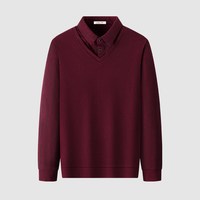 红蜻蜓男士假两件毛衣加绒加厚冬季休闲保暖爸爸装针织打底衫 5339酒红 185/3XL