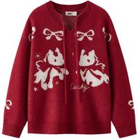 森马（Semir）红色毛衣女26春新小飞马提花蝴蝶结设计感新年套头衫109126107004 L