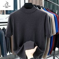 专柜短袖男士圆领高领针织毛衣半袖秋冬季纯色打底针织衫薄款